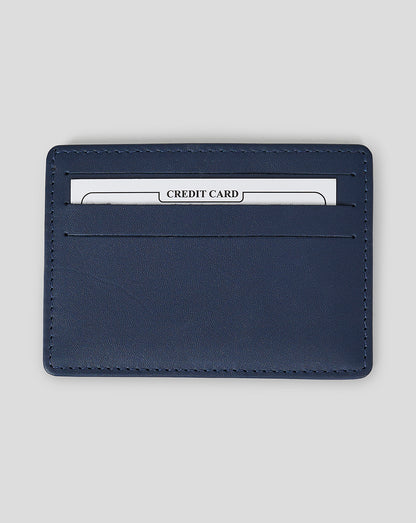 Navy blue leather cardholder with card slots and debossed Oracle Red Bull Racing logo.