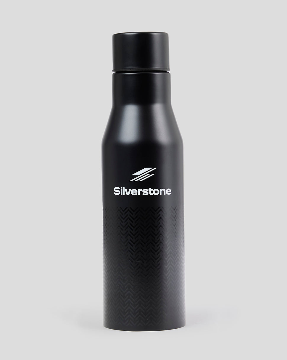 Black Silverstone aluminium drink bottle with white logo and chevron pattern near base