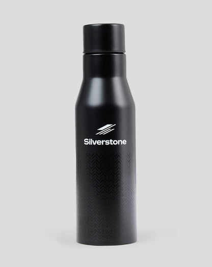 Black Silverstone aluminium drink bottle with white logo and chevron pattern near base