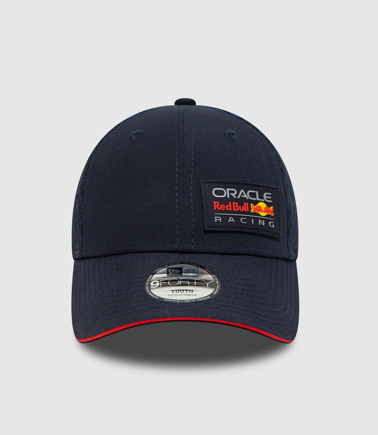 Front view of navy Oracle Red Bull Racing 9Forty Youth cap with embroidered crown patch