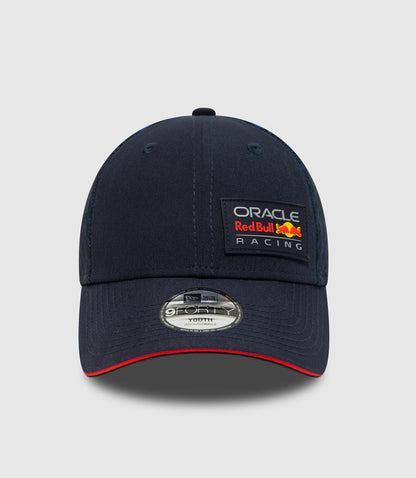 Front view of navy Oracle Red Bull Racing 9Forty Youth cap with embroidered crown patch