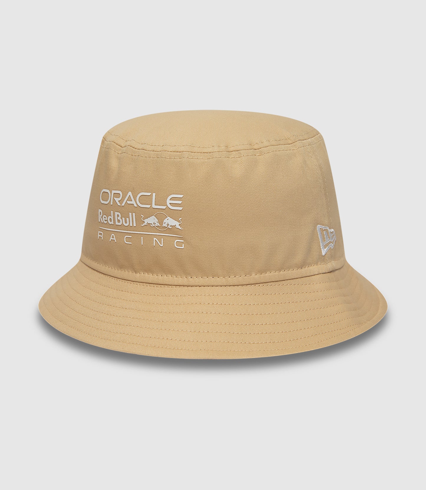 Sand colored Oracle Red Bull Racing bucket hat by New Era with front logo and side flag