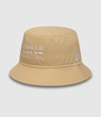 Sand colored Oracle Red Bull Racing bucket hat by New Era with front logo and side flag