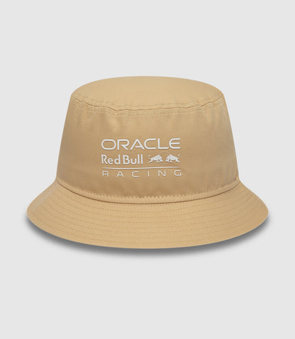 Sand colored bucket hat with Oracle Red Bull Racing logo on the front and New Era flag on the side