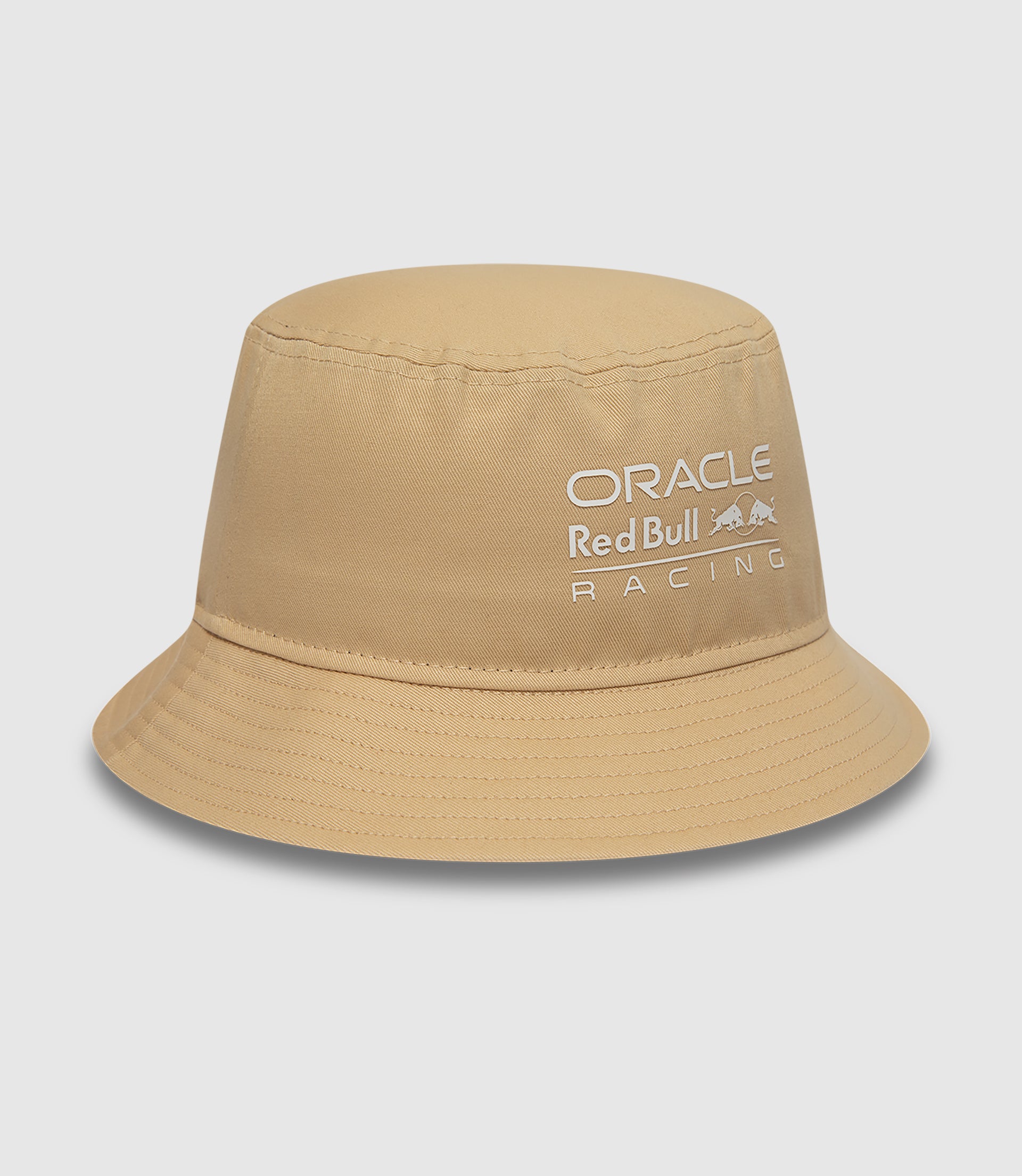 Sand colored Oracle Red Bull Racing bucket hat by New Era with front logo and side flag