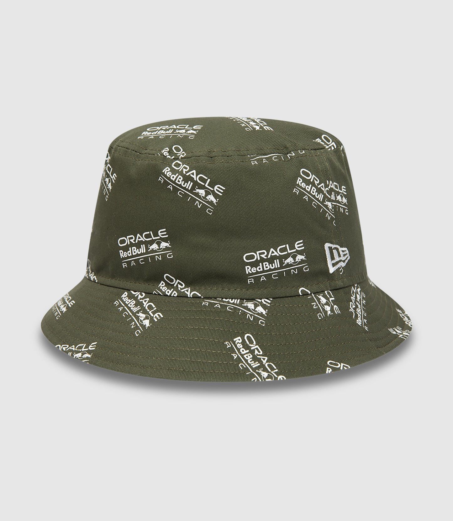 Olive green New Era bucket hat with all over Oracle Red Bull Racing logos across crown and visor and side embroidered New Era flag