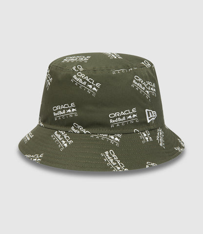 Olive green New Era bucket hat with all over Oracle Red Bull Racing logos across crown and visor and side embroidered New Era flag
