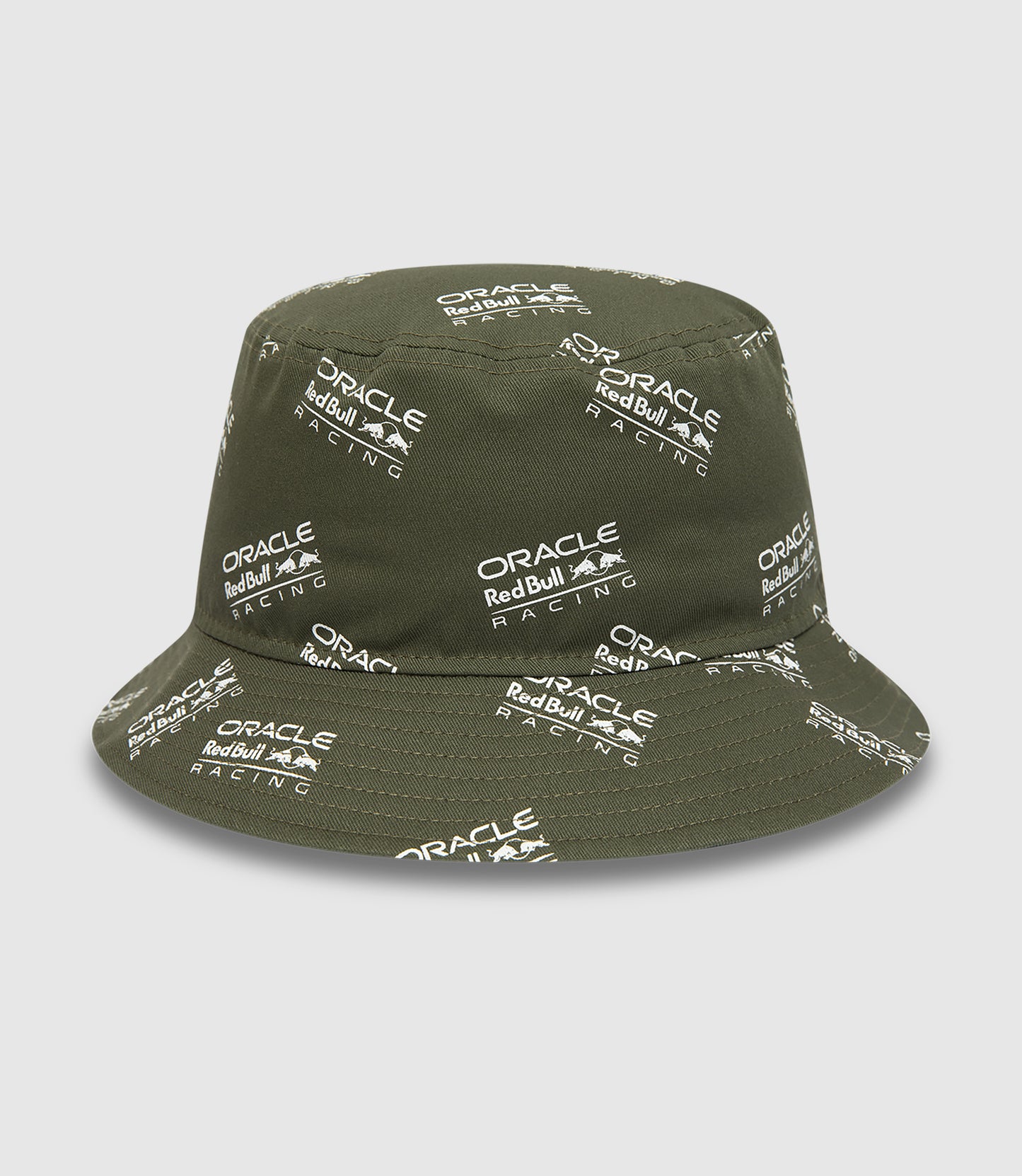 Olive green Oracle Red Bull Racing bucket hat with all over racing logos across crown and brim