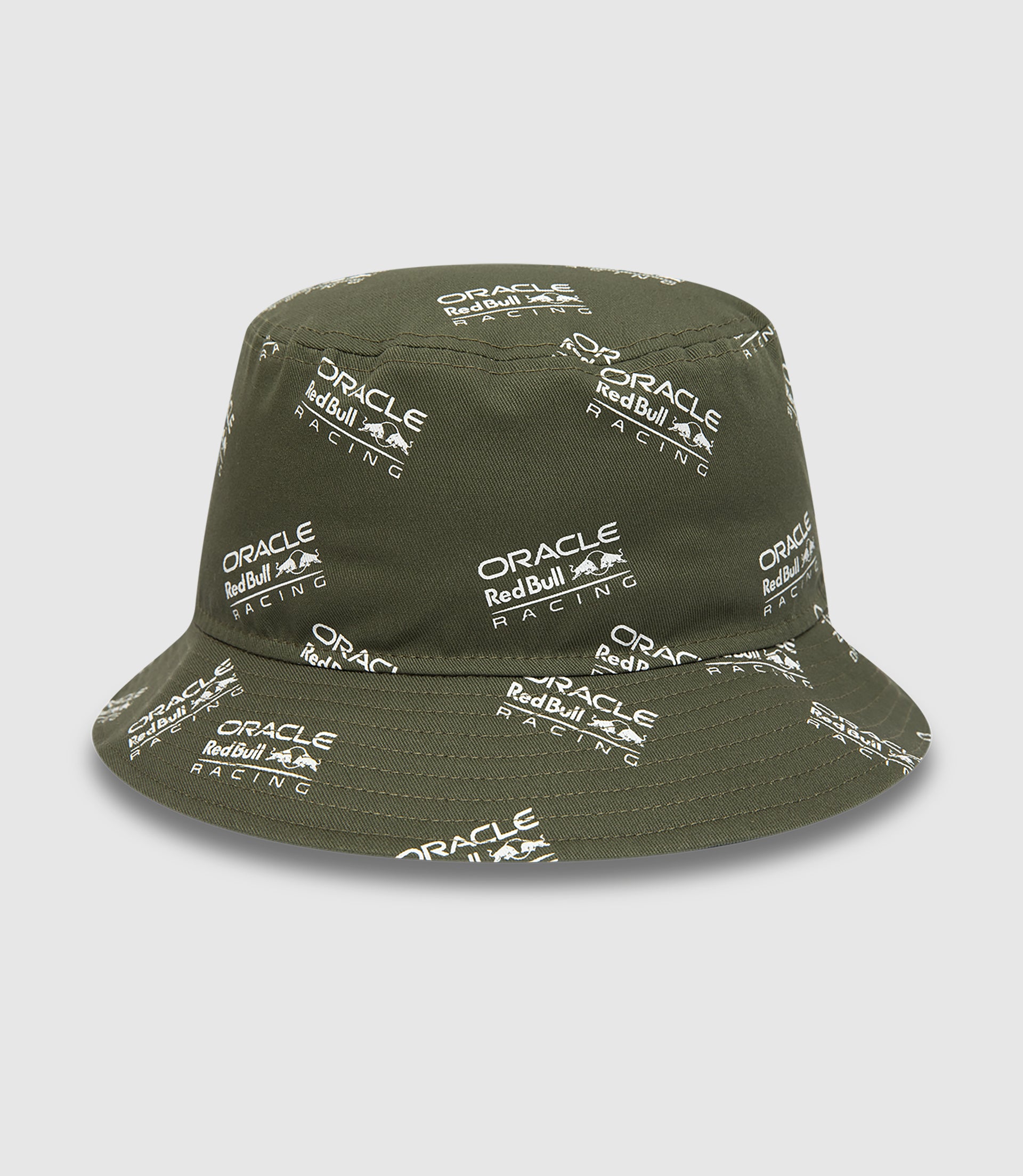 Olive green Oracle Red Bull Racing bucket hat with all over racing logos across crown and brim