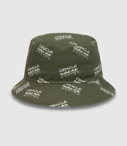 Olive green Oracle Red Bull Racing bucket hat with all over racing logos across crown and brim