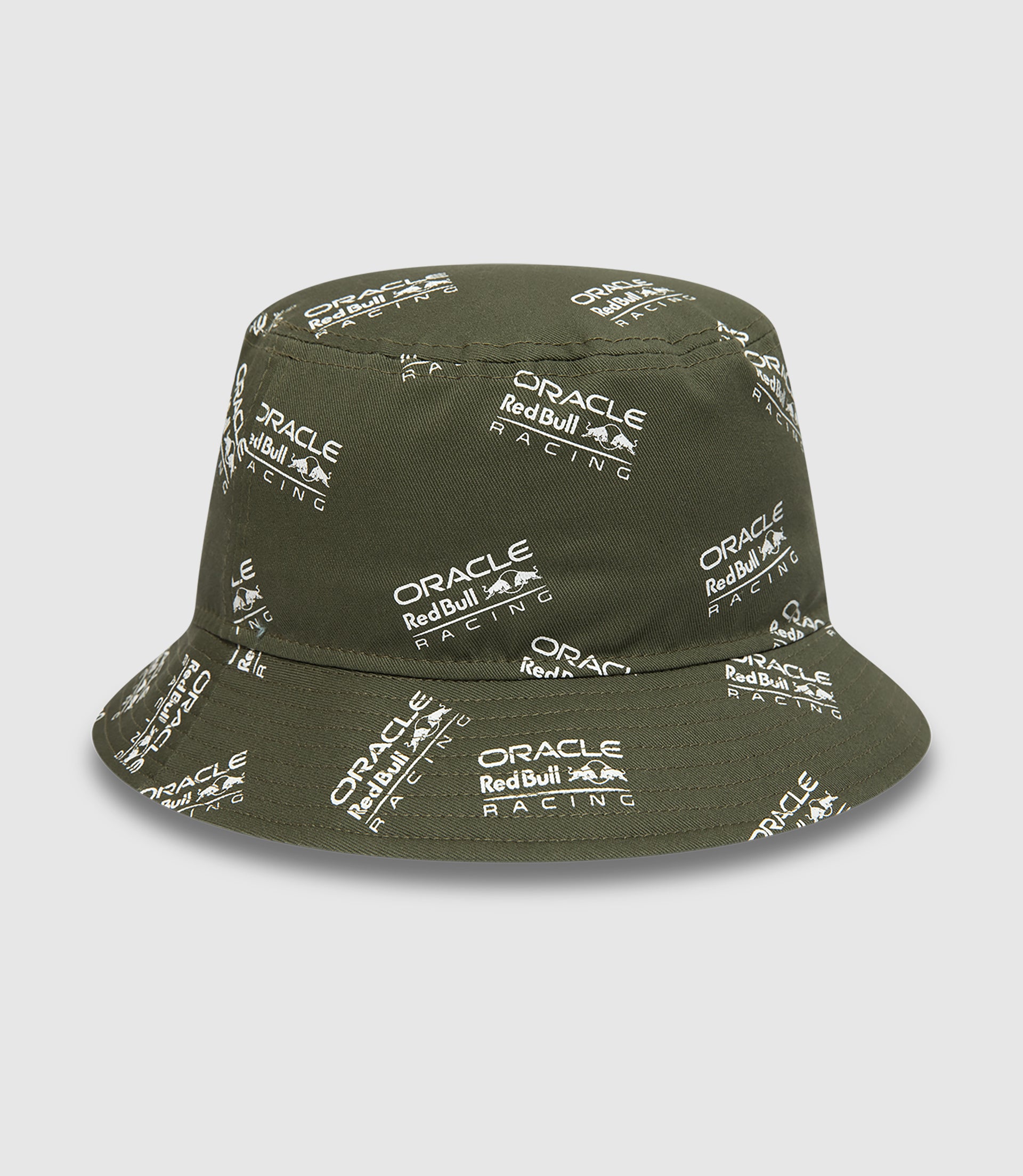 Olive green bucket hat covered in Oracle Red Bull Racing logos with an embroidered New Era flag on the side