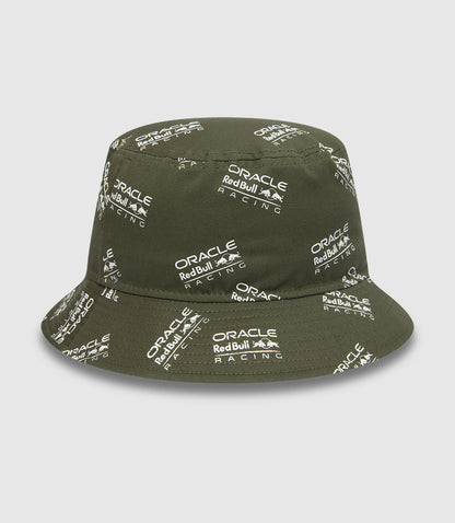 Olive green bucket hat covered in Oracle Red Bull Racing logos with an embroidered New Era flag on the side
