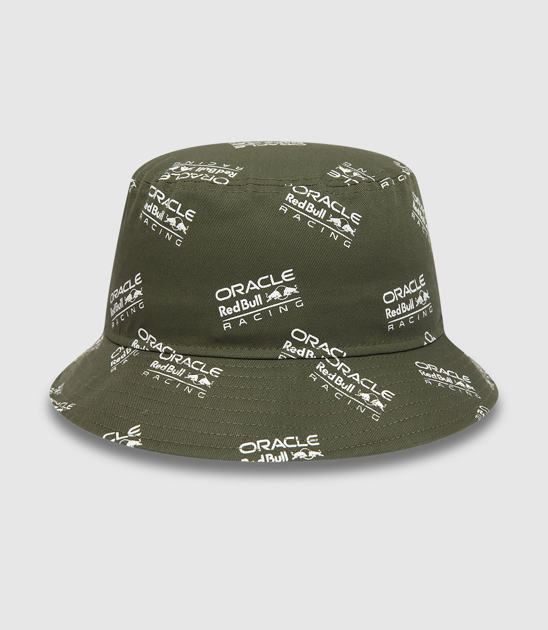 Olive green Oracle Red Bull Racing bucket hat with all over logo print on crown and visor and a side New Era flag