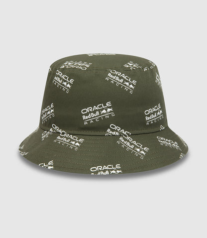 Olive green Oracle Red Bull Racing bucket hat with all over logo print on crown and visor and a side New Era flag
