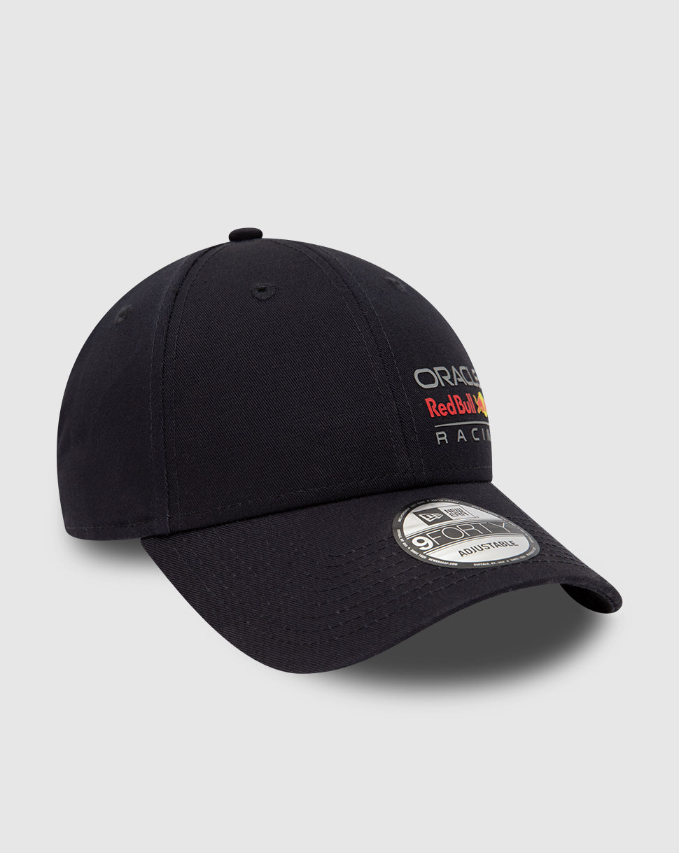 Back and side view of navy Red Bull Racing cap with red adjustable strap