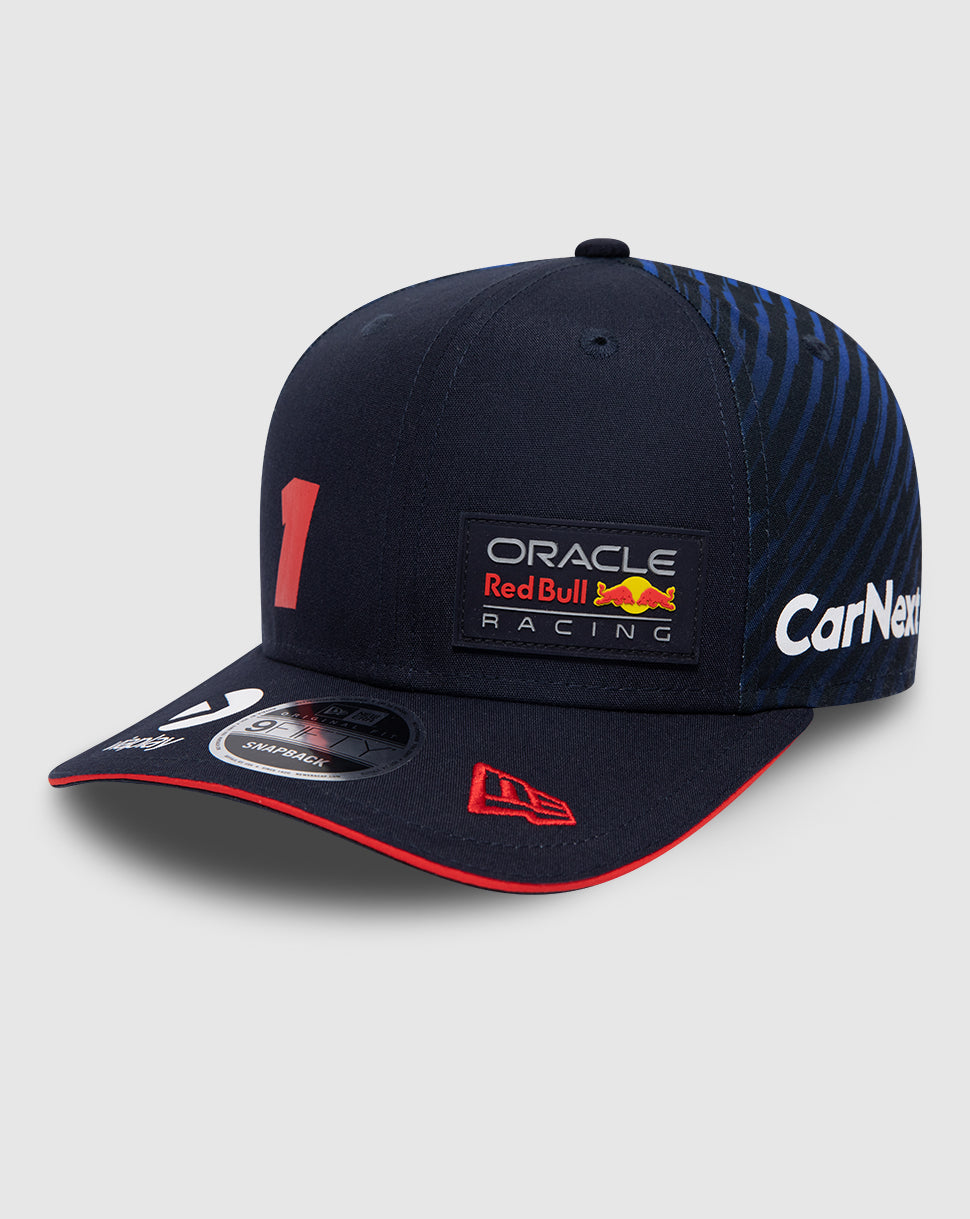 Navy New Era 9FIFTY cap with front Oracle Red Bull Racing patch, CarNext logos on the sides, Dutch flag at rear, and adjustable snapback