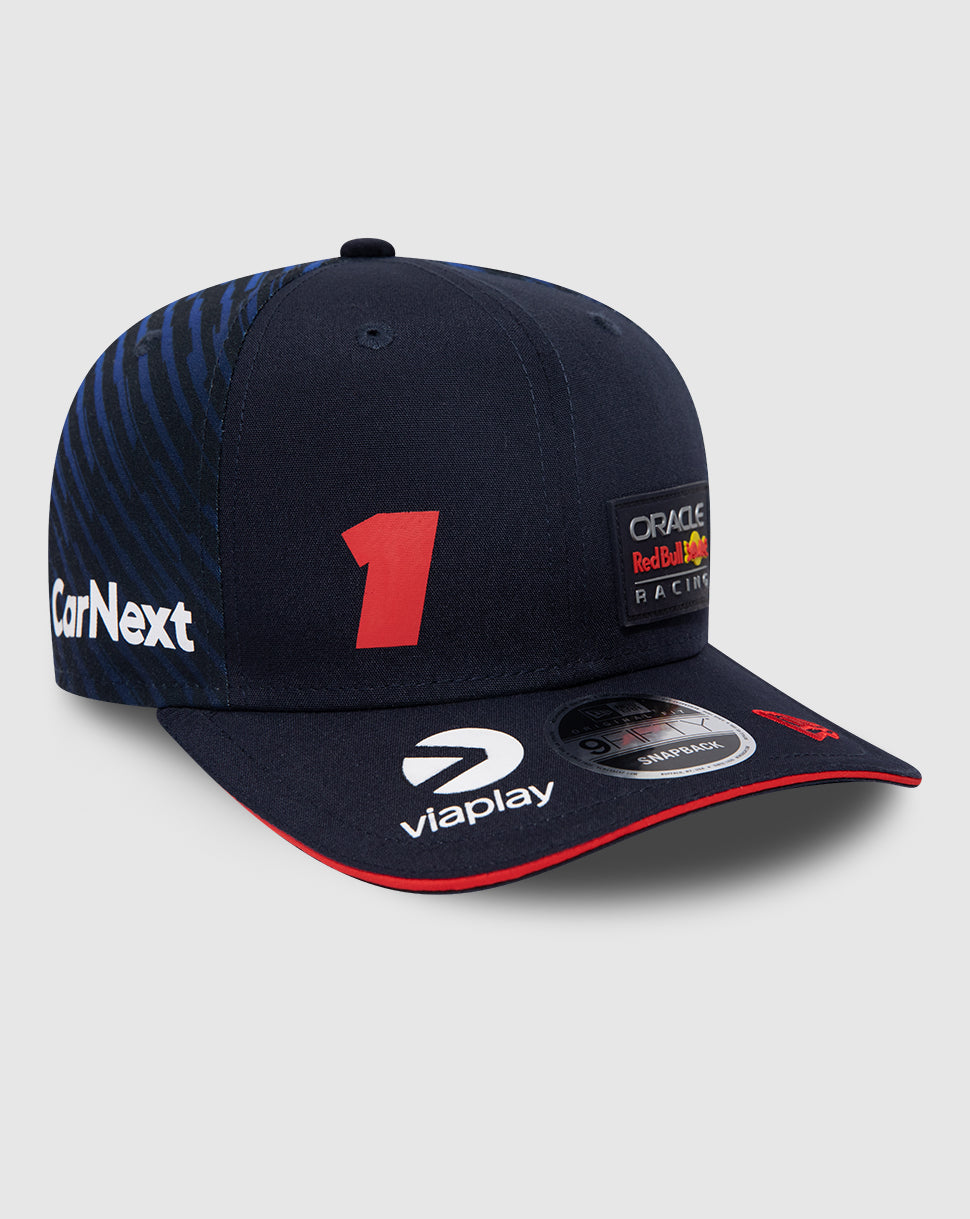 Side view of navy 9FIFTY New Era cap with Verstappen 1 patch on the front crown