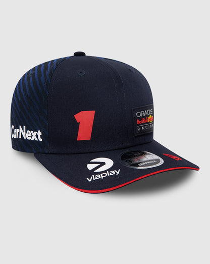 Side view of navy 9FIFTY New Era cap with Verstappen 1 patch on the front crown