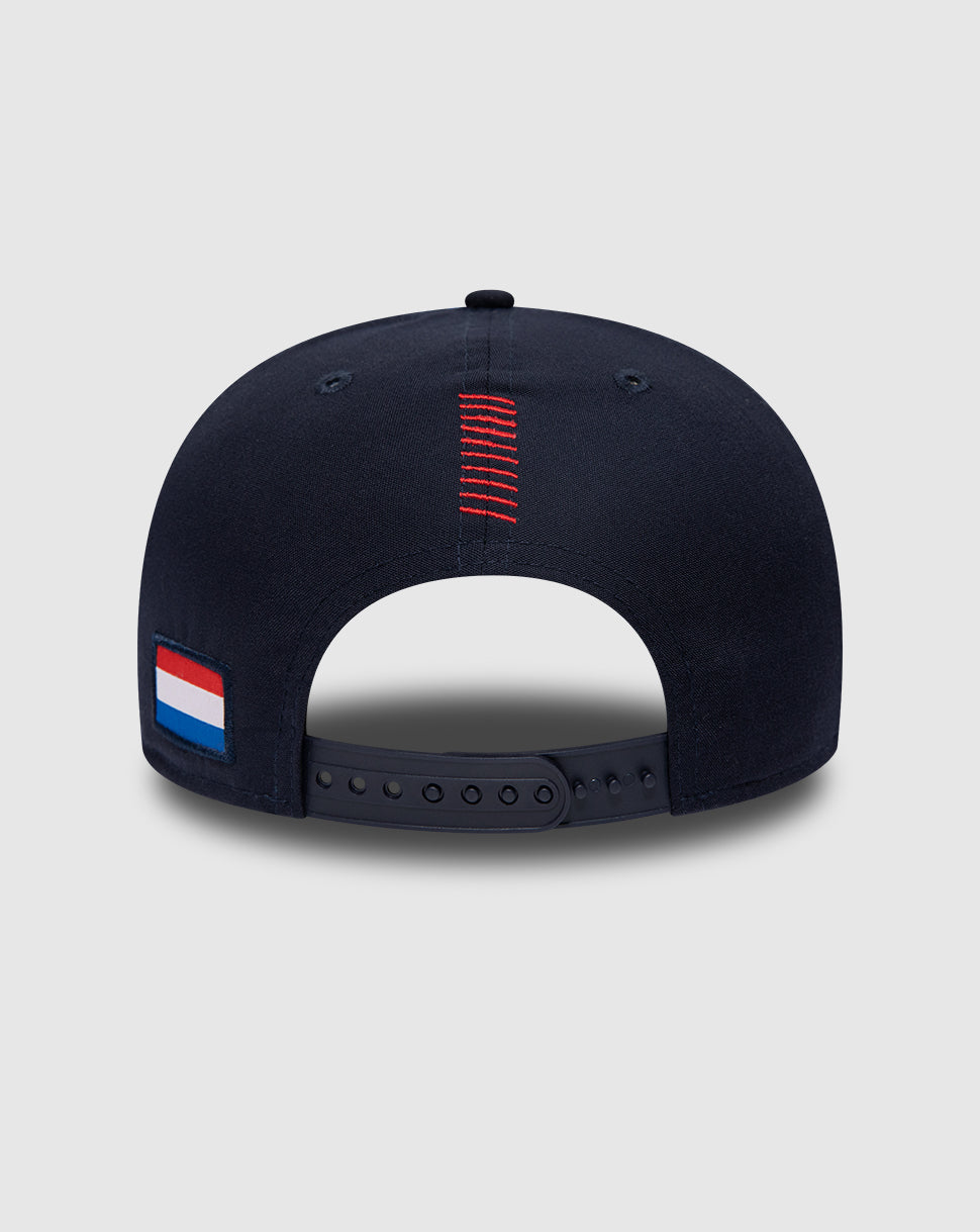 Rear view of navy 9FIFTY New Era cap with Dutch flag patch and snap closure