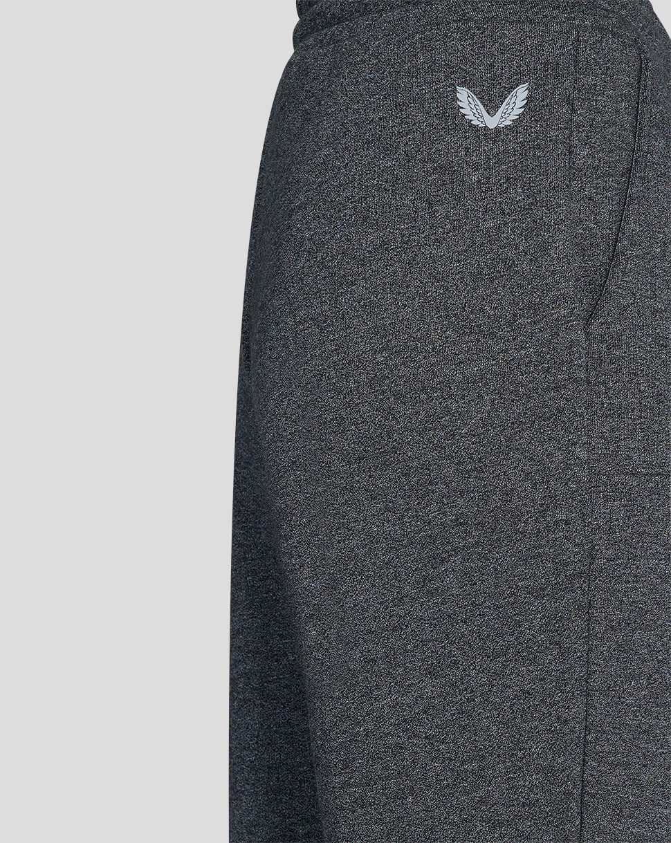 Close-up of the wing logo on the charcoal marl jogger fabric