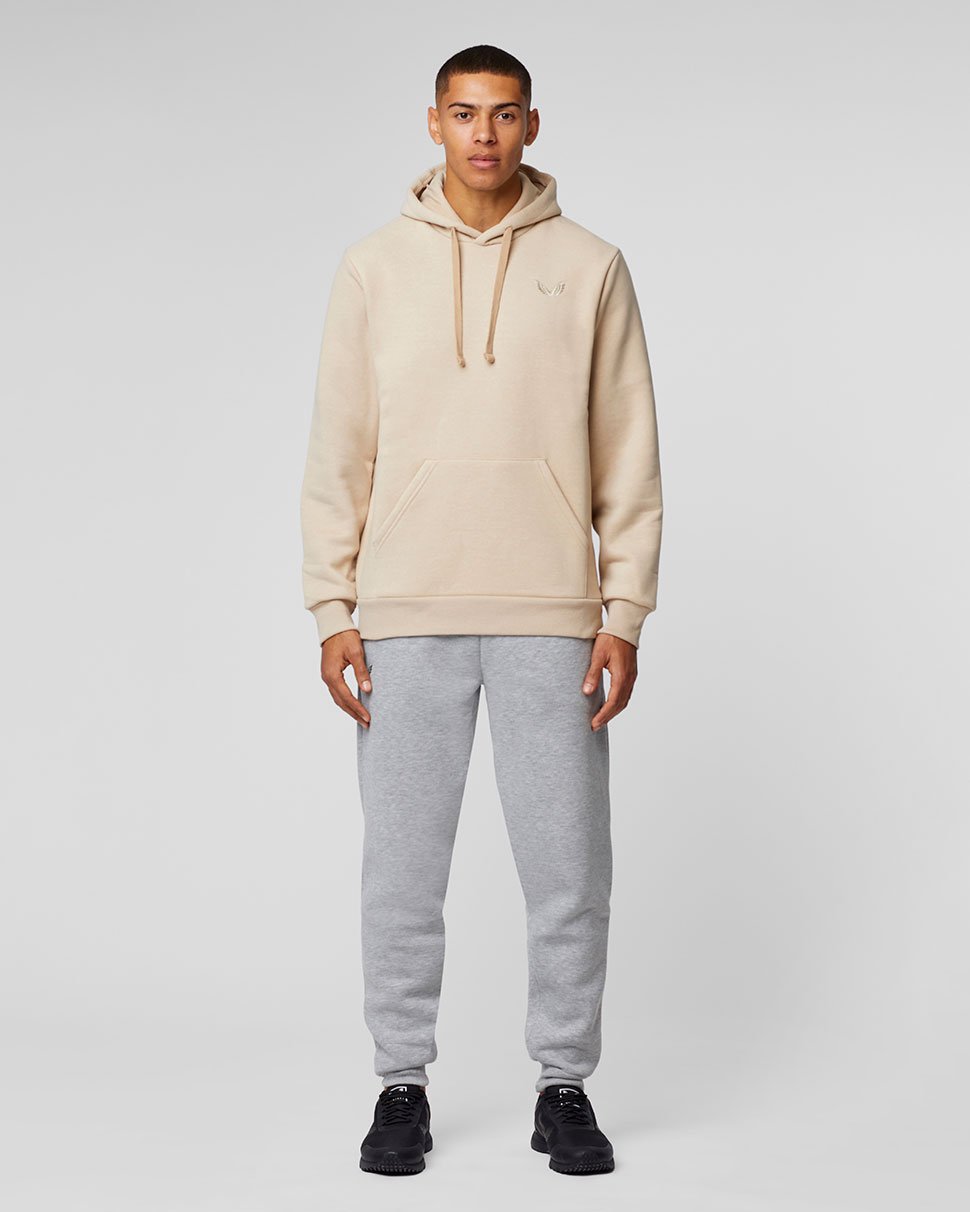 Beige Stone Apex Hoodie on a model, front view with gray sweatpants.