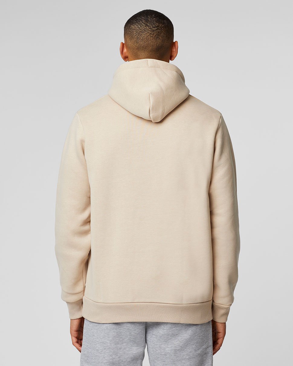 Beige Stone Apex Hoodie shown from the back with hood up.