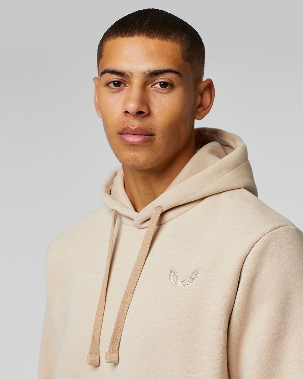 Beige Stone Apex hoodie worn by a model with embroidered wings on the chest.