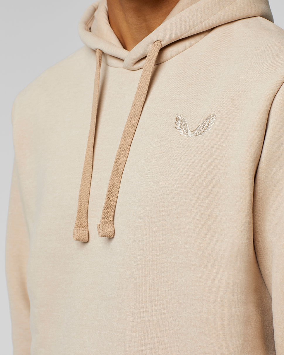 Beige Stone Apex Hoodie with drawstrings and embroidered wings on chest
