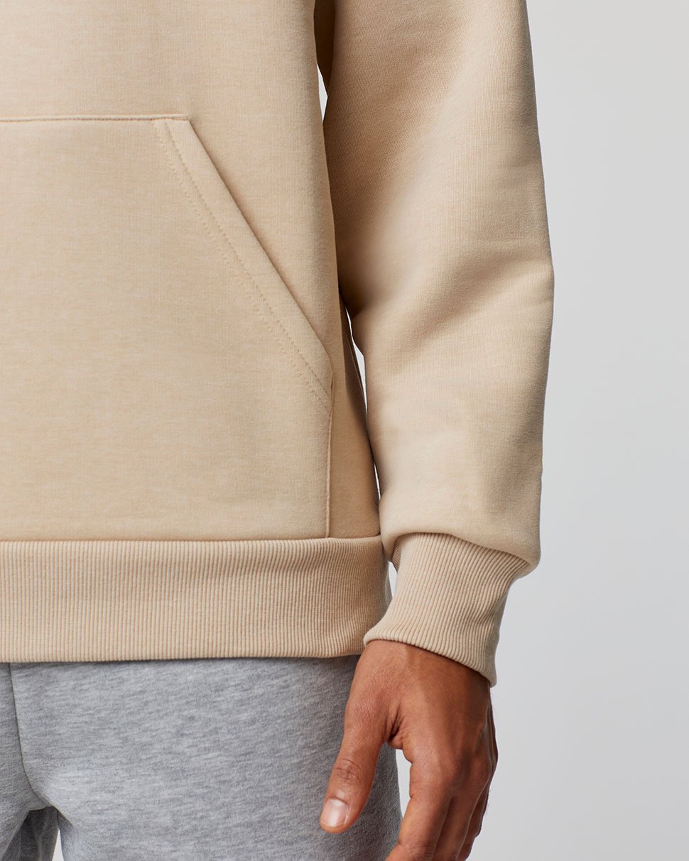 Beige Stone Apex Hoodie torso view with front pocket and ribbed hem