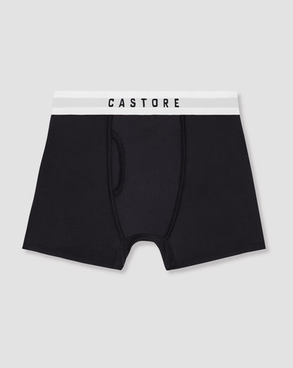 Close up of navy boxer shorts with a white CASTORE waistband shown in a stacked three pack