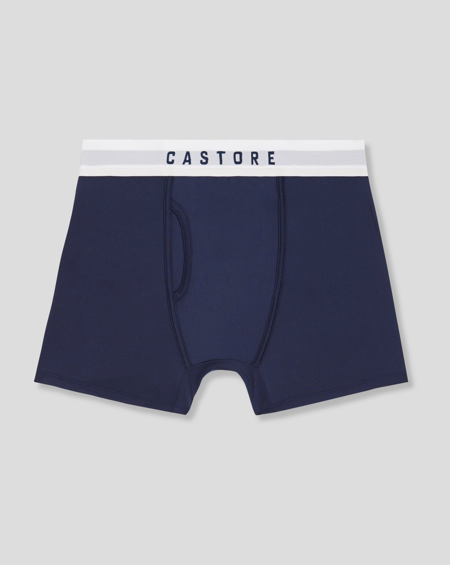 Close up of navy Peacoat Boxer Shorts waistband showing CASTORE branding and seam details