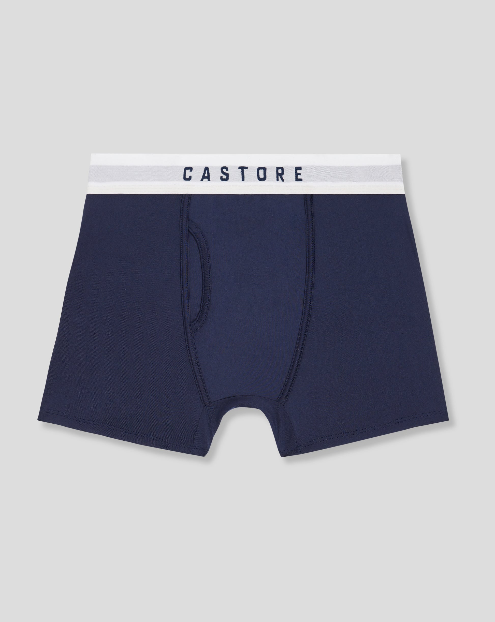 Close up of navy Peacoat Boxer Shorts waistband showing CASTORE branding and seam details