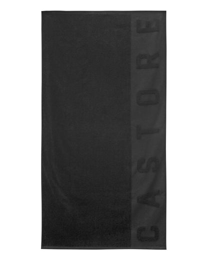 Large black towel with embossed Castore lettering along the right edge.
