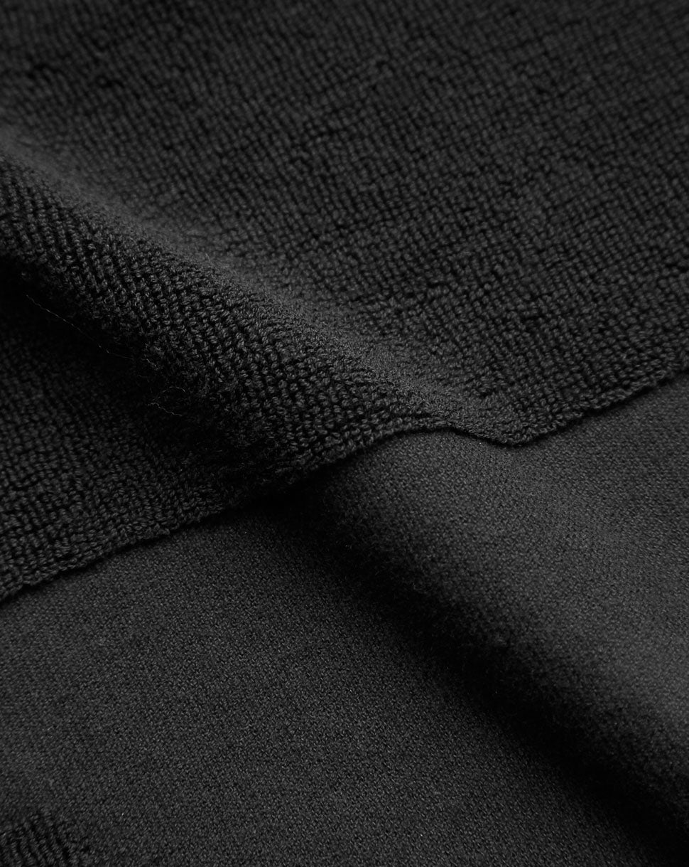 Close up of black towel fabric showing dense looped fibers.