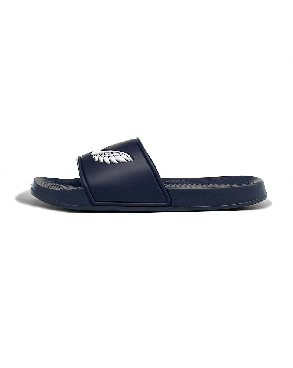 Navy Castore slider with white wing logo on strap and textured footbed.