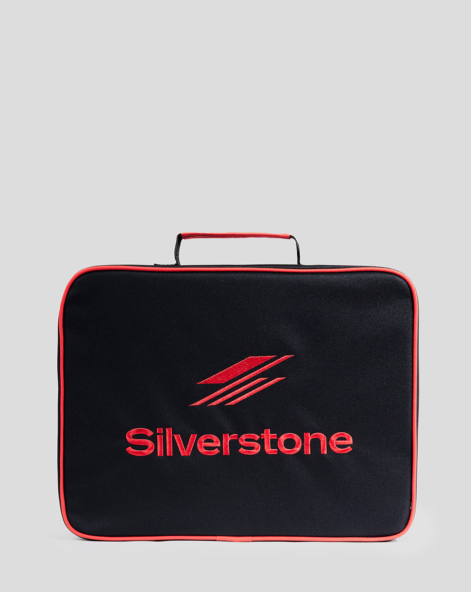 Black Silverstone seat cushion with red piping and top handle, logo stitched on front