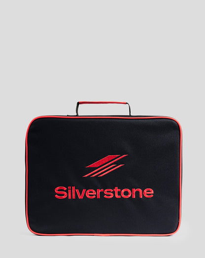 Black Silverstone seat cushion with red piping and top handle, logo stitched on front