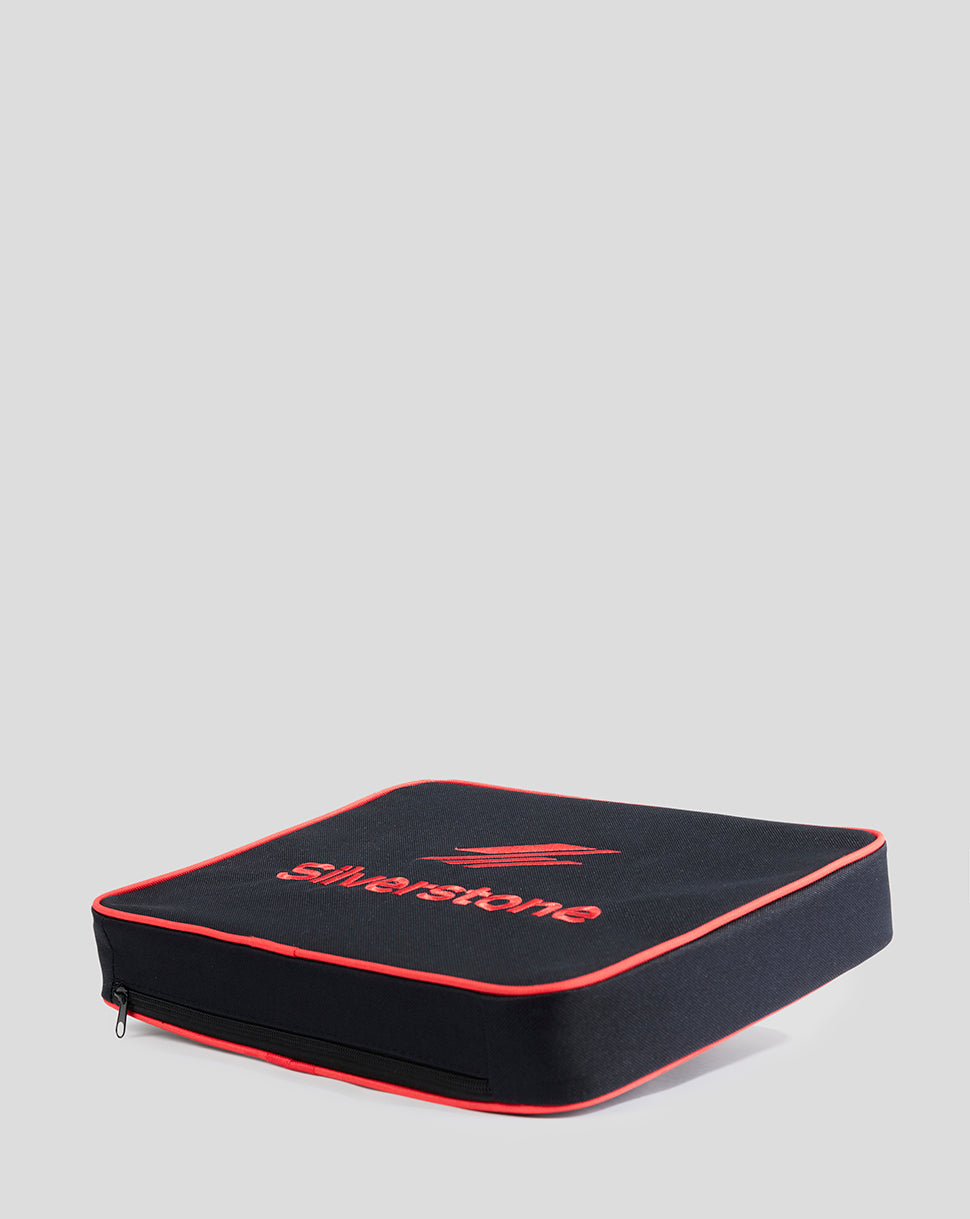 Black Silverstone seat cushion with red piping and zipper, logo embroidered on top