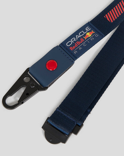 Close up of Oracle Red Bull Racing nylon lanyard showing branded tab and red stripe