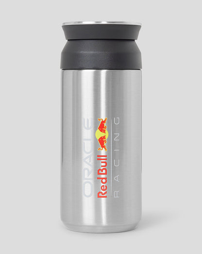 Front view of a silver stainless steel tumbler with a dark gray lid and Red Bull Racing logo