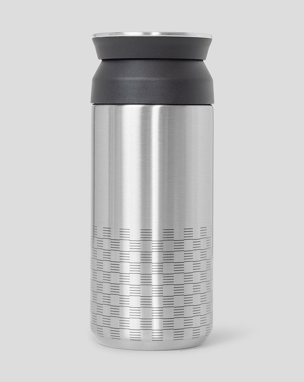 Side view of a silver double-wall tumbler with Red Bull Racing branding