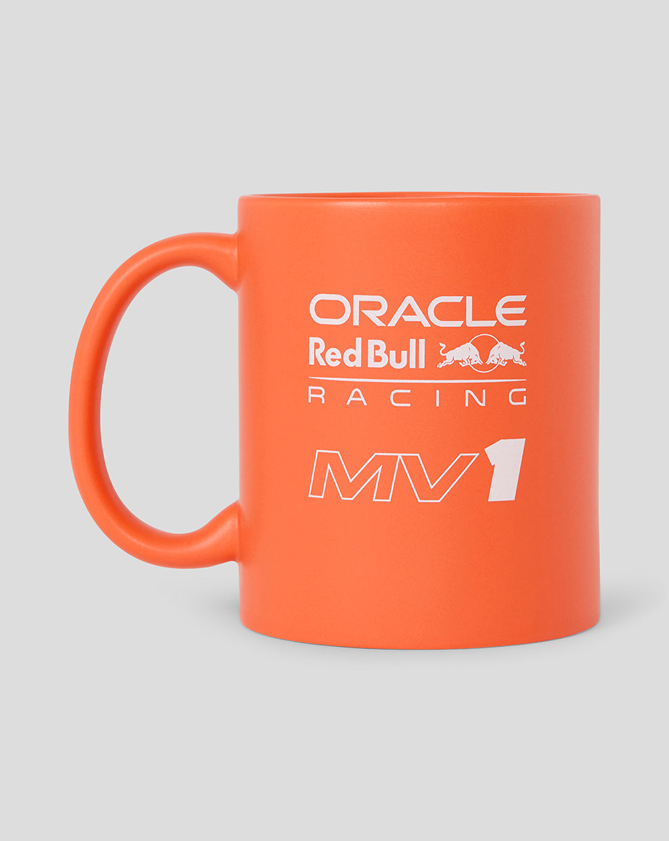 Orange ceramic mug with Oracle Red Bull Racing logo and MV1 text