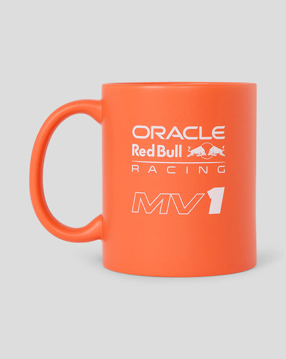 Orange ceramic mug with Oracle Red Bull Racing logo and MV1 text