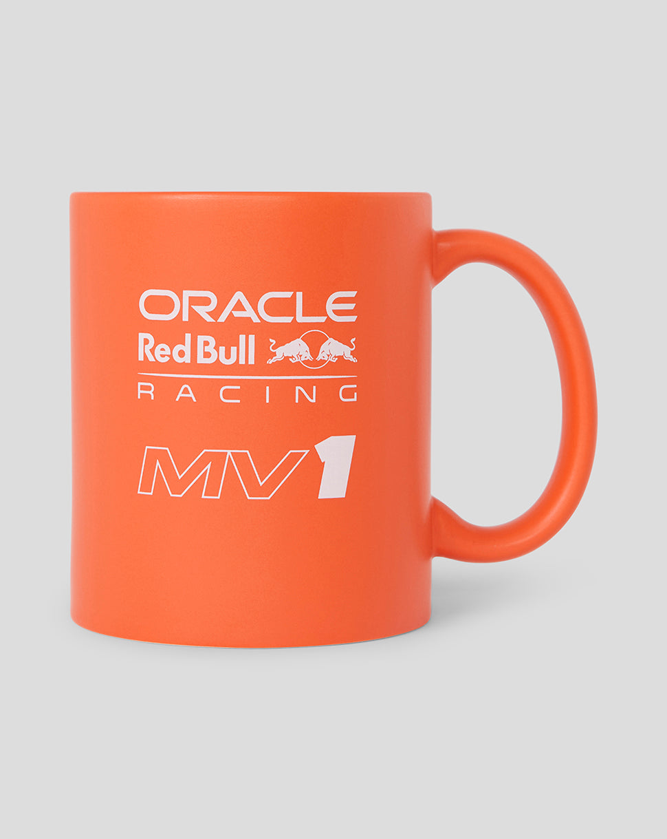 Orange ceramic mug featuring Oracle Red Bull Racing logo and MV1 text