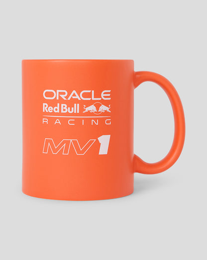 Orange ceramic mug featuring Oracle Red Bull Racing logo and MV1 text