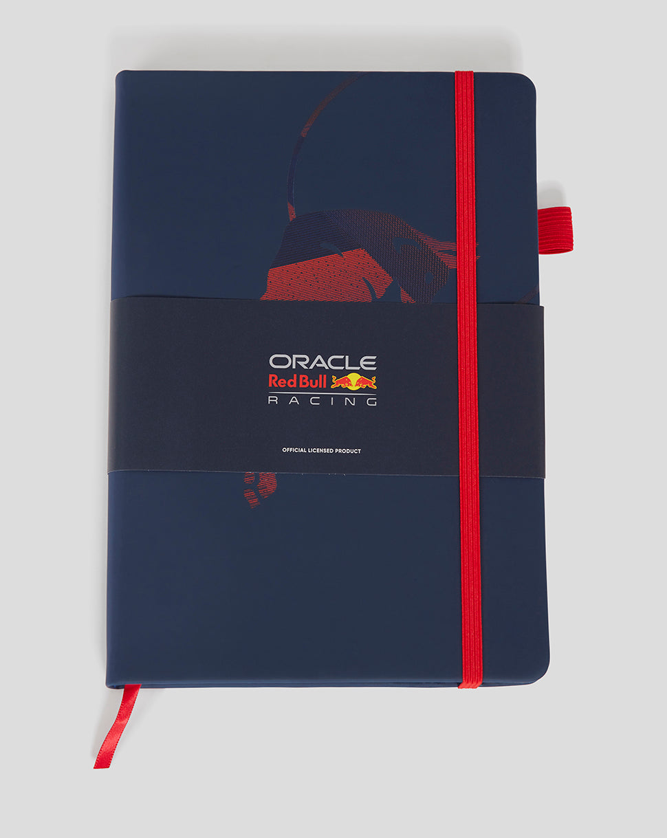 Compact A5 Red Bull Racing notebook with night sky navy cover featuring the red bull graphic, red elastic closure, and bookmark ribbon