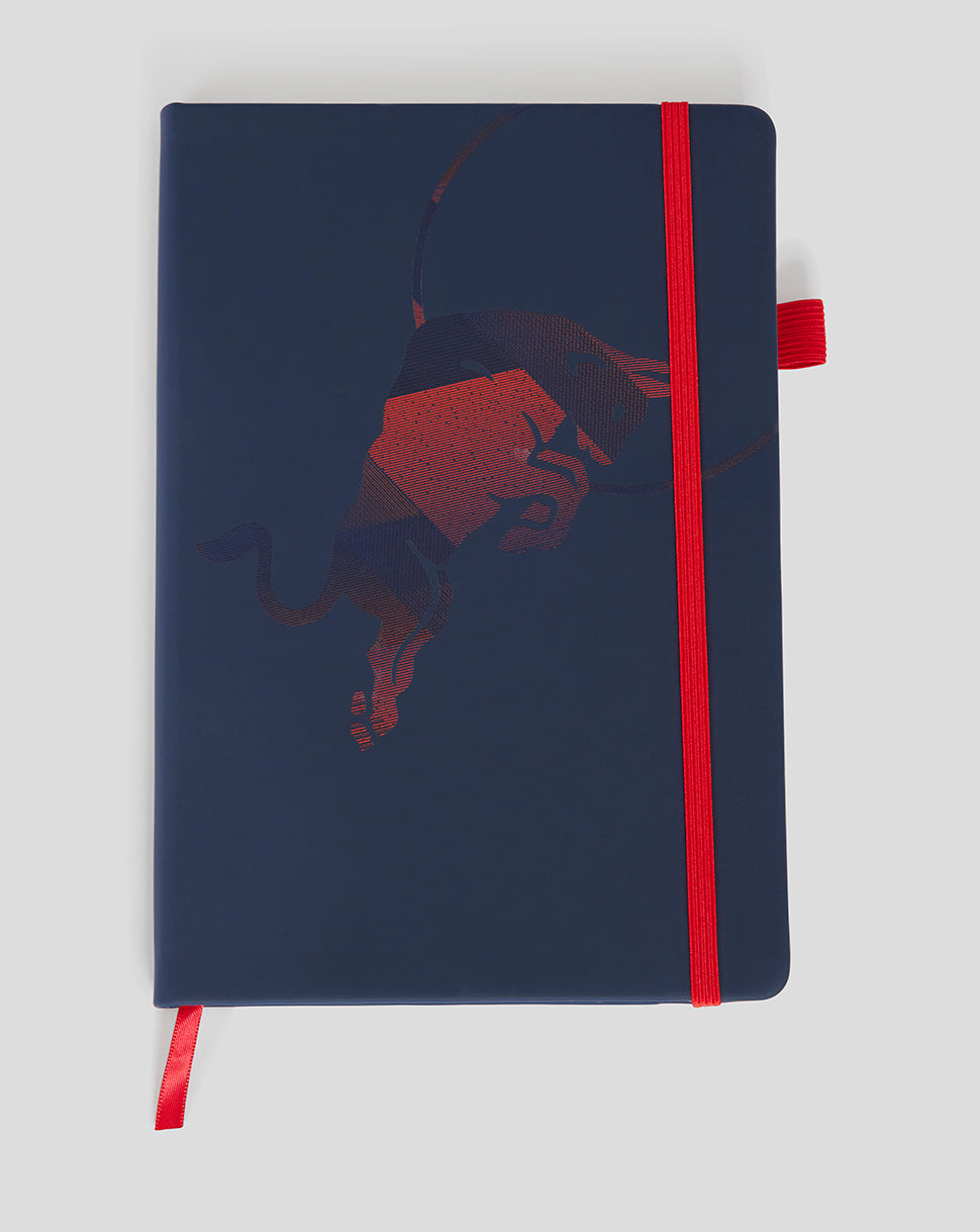 Front view of night sky navy Red Bull Racing notebook with red elastic closure and bookmark ribbon