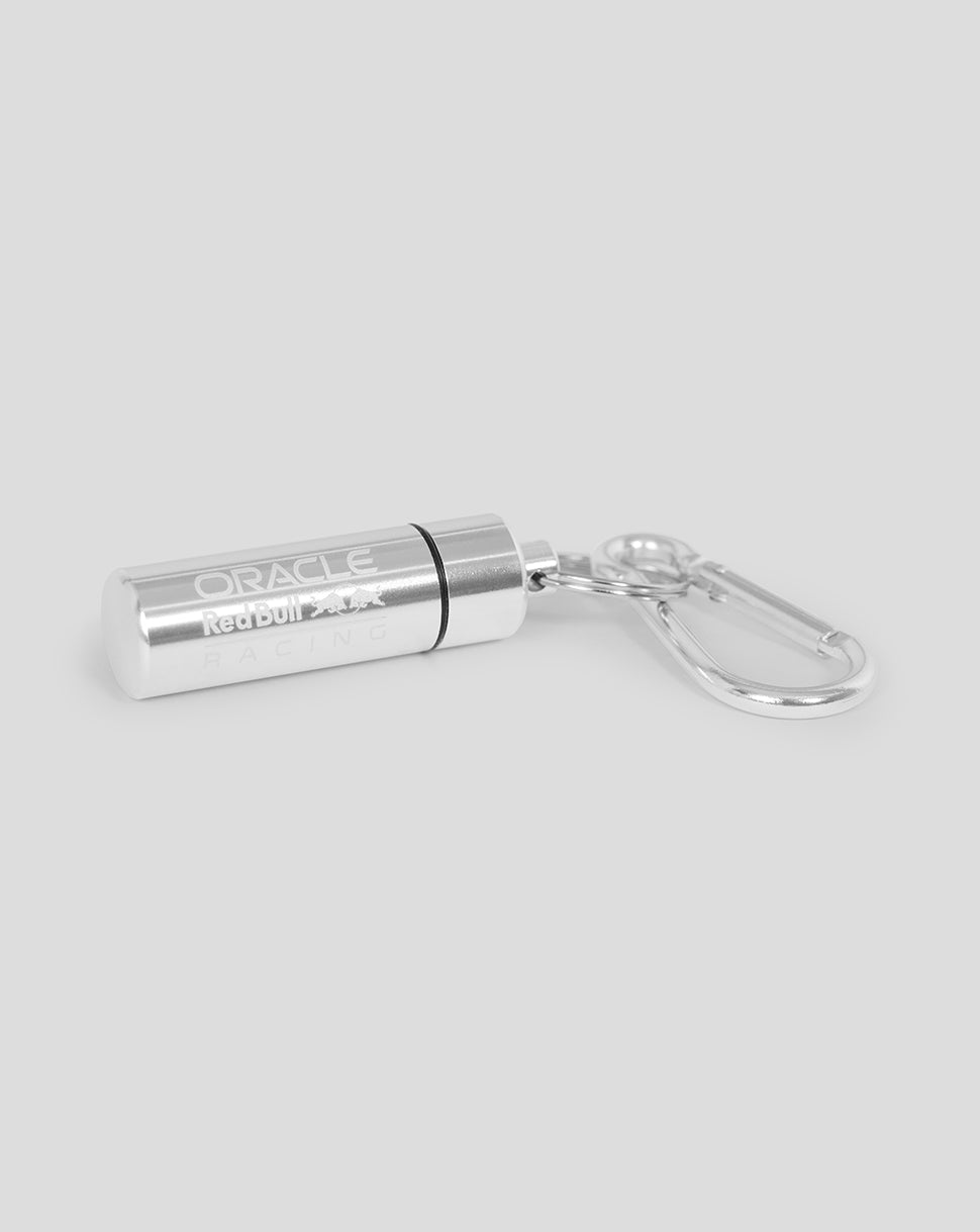 Silver Oracle Red Bull Racing ear plug canister with clip and keyring