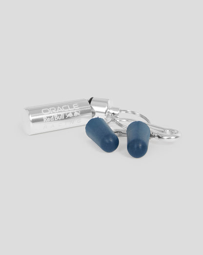 Silver Oracle Red Bull Racing ear plug canister with blue earplugs and keyring