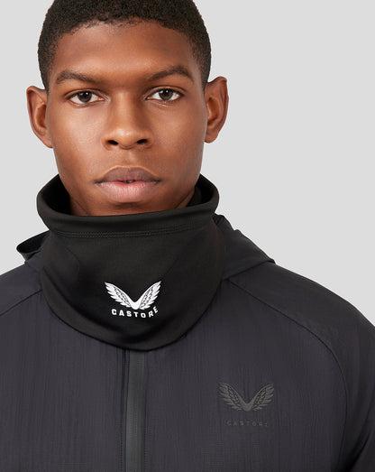 Close up of a male model wearing a black Castore snood around the neck.